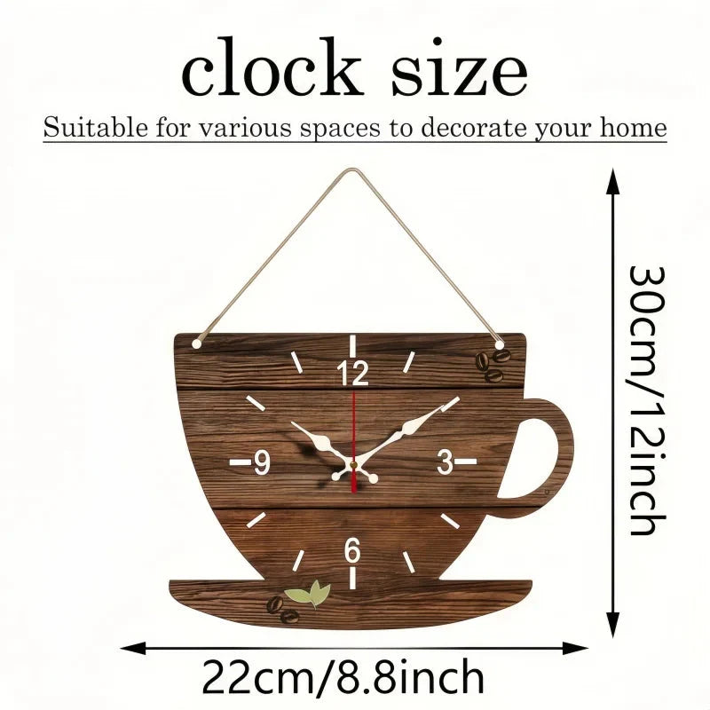 Coffee Cup Shaped Wooden Silent Hanging Wall Clock,Wood Grain Design Suitable For Living Room,Study Room,Bedroom,Home Decoration