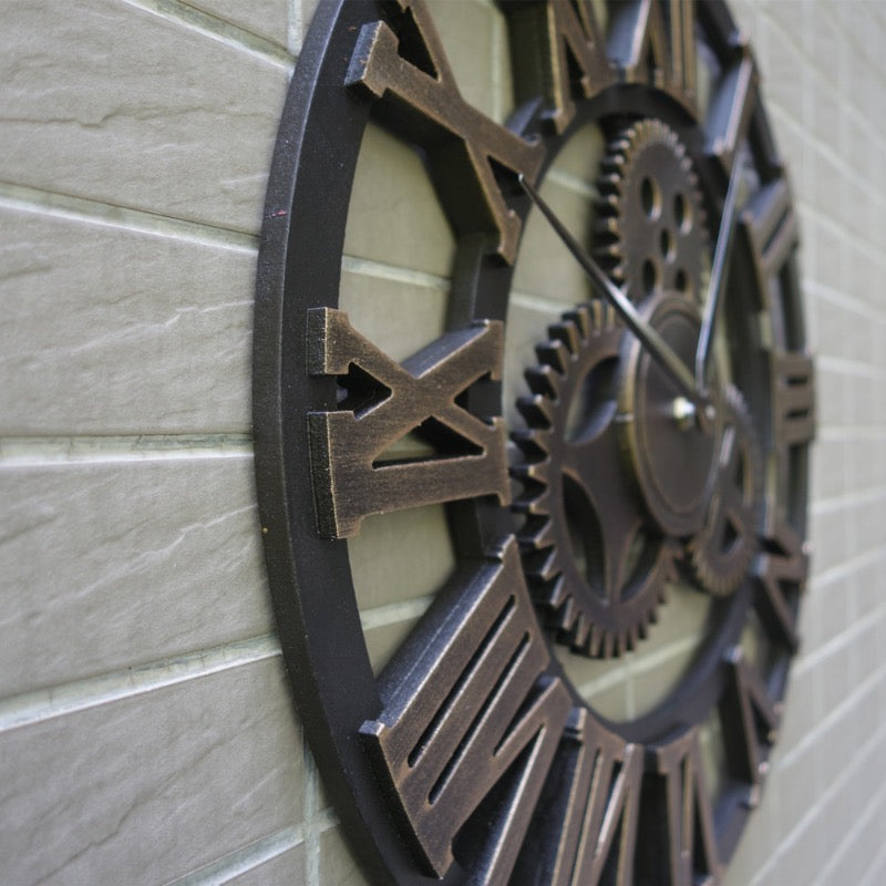 Vintage Style Industrial Wall Clock with Roman Numerals Visible 3D Gears 11"-17" Gold or Silver