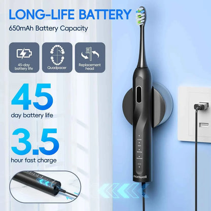 IPX7 Waterproof Sonicare Electric Toothbrush, 4-Hour Fast Charge with Intelligent Time Reminder, 4 Modes, 8 Brush Heads, Travel