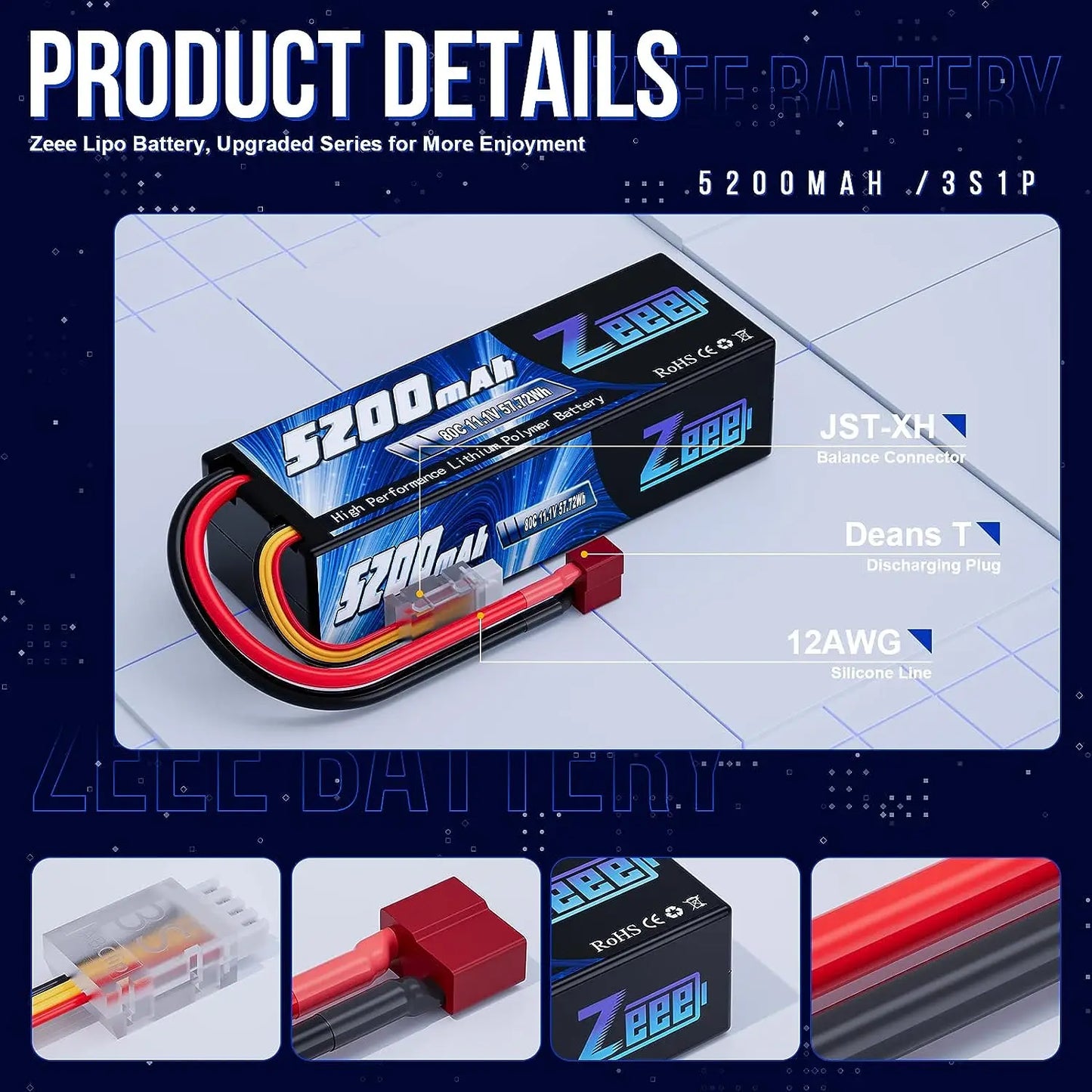Zeee 3S LiPo RC Battery 11.1V 5200mAh 80C Hardcase w/ Plugs