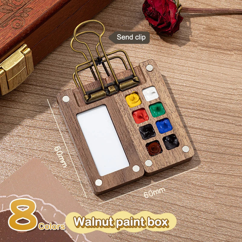 1pc Art Supplies Sketchbook Palette Mini Walnut Wood Watercolor Palette Portable Paint Box With Clip Travel Painting Paint Tray