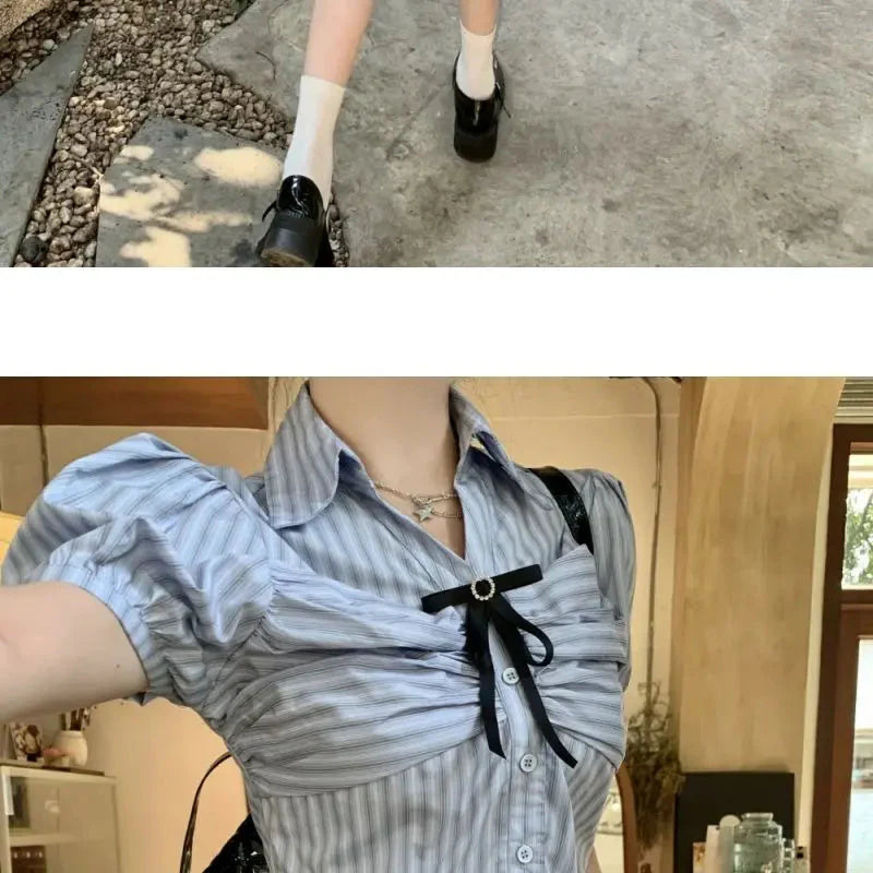Bow-rinked Striped Shirt for Women Summer French Sweet and Spicy Puff Sleeve Shirt Short Short Sleeve Top