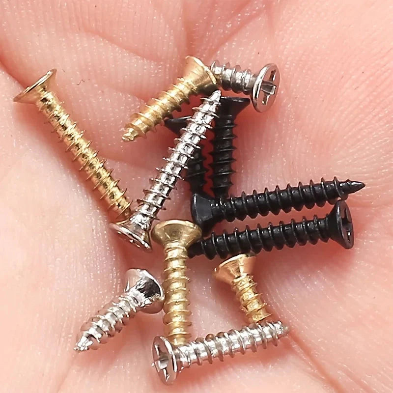 2400pcs Miniature Self-Tapping Screws, M2 Wood Screws, Phillips Head Screws, Flat Head Screws, Gold, Black, Silver Set