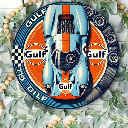 1pc Vintage Gulf Racing Car Metal Tin Sign - Retro Style Wall Art with Blue & Orange Stripes, Aluminum, Perfect for Home, Cafe