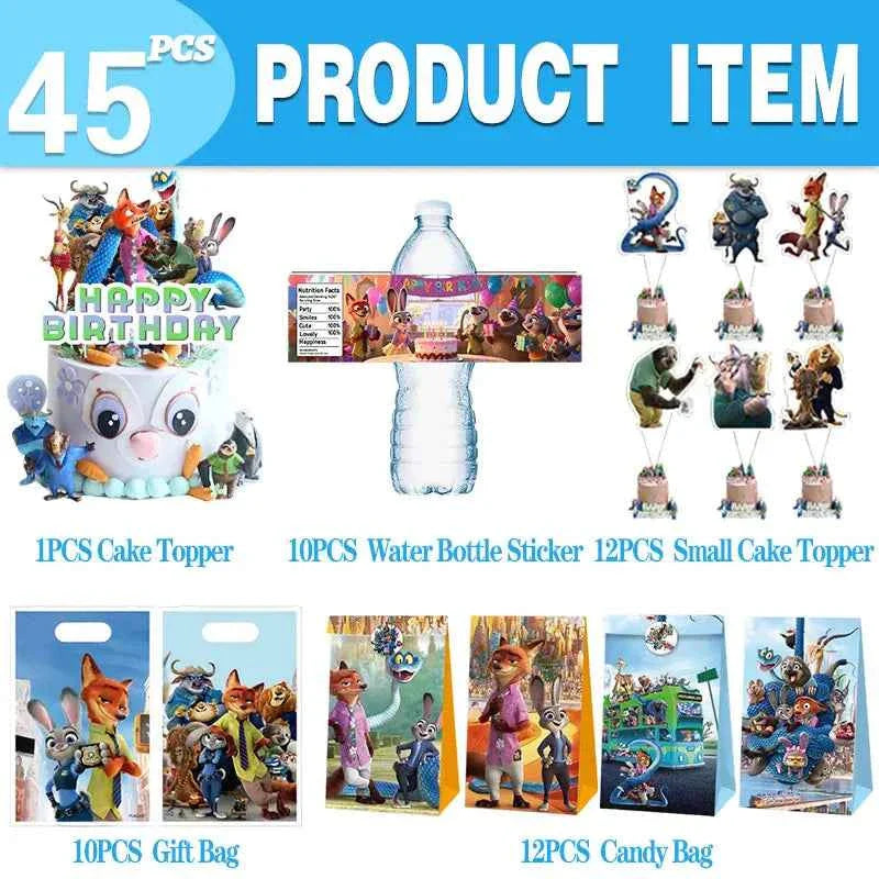 Zootopia Theme Party Supplies Nick Judy Birthday Decoration Balloon Set Tableware Kit Banner Plates Gifts Bags Keychains Sticker