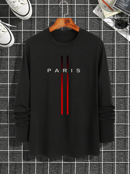 Men's Spring and Autumn 100% Cotton Loose and Comfortable Casual Paris Pattern Printed Round Neck Long Sleeve T-shirt