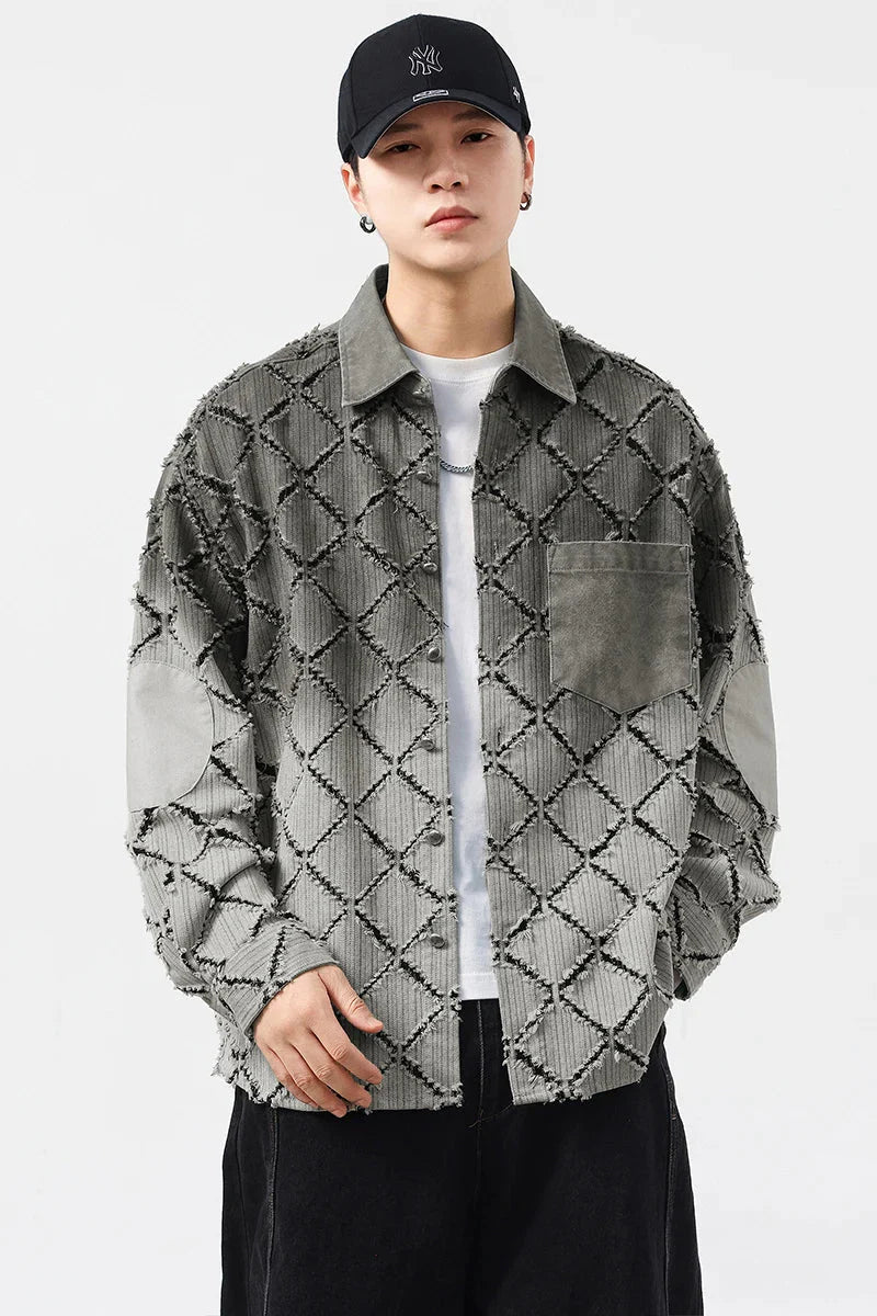 Gradient Ripped Plaid Shirt Men Streetwear Fashion Loose Casual Long Sleeve Oversize Cargo Shirts Cardigan Coat Blouses