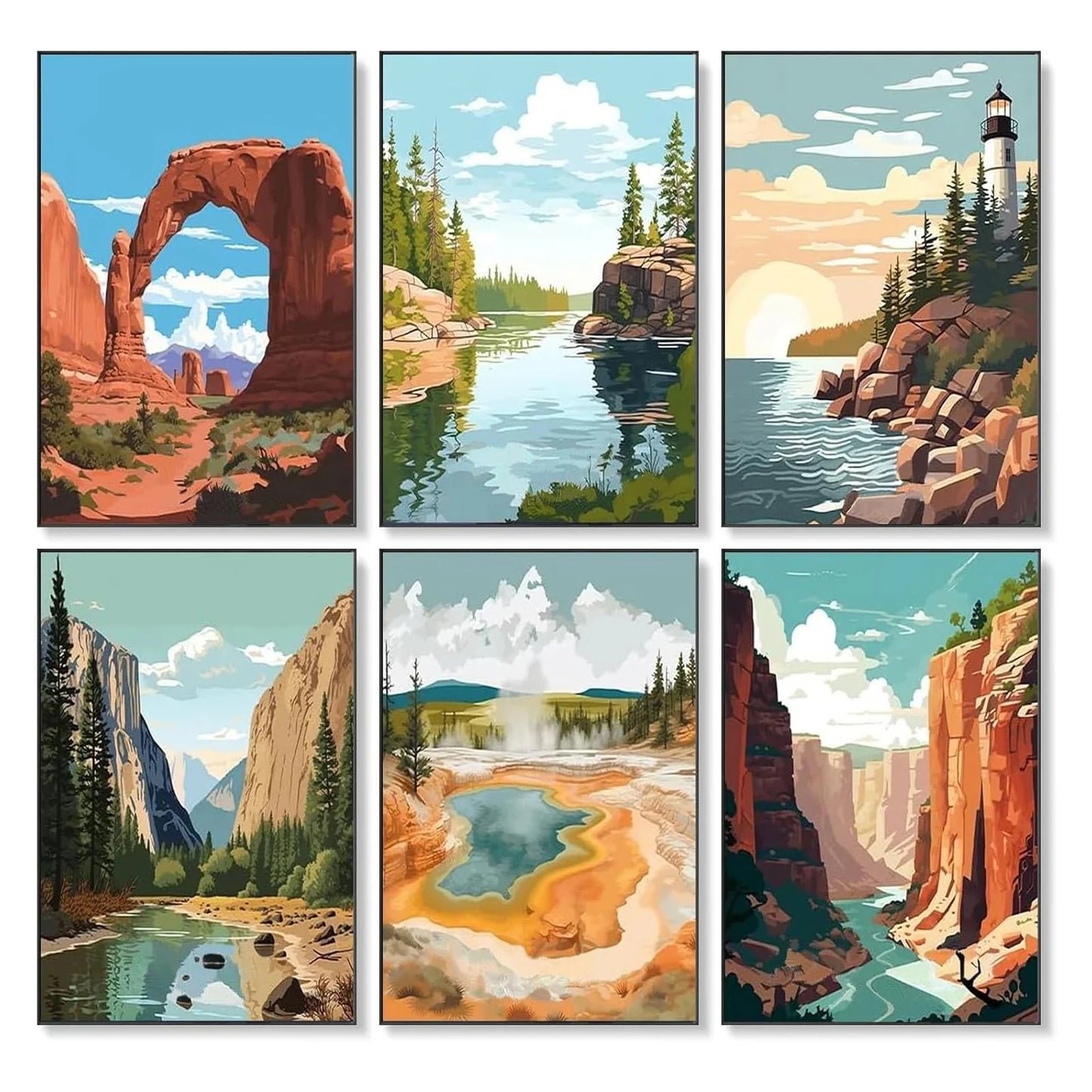 6Pcs Beginners Oil Painting Set Paint by Numbers Kit with Canvas and Brush Accessories Painting Kit for Home Office Wall Decor