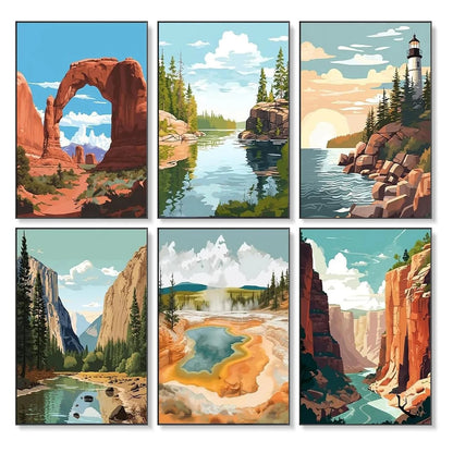 6Pcs Beginners Oil Painting Set Paint by Numbers Kit with Canvas and Brush Accessories Painting Kit for Home Office Wall Decor