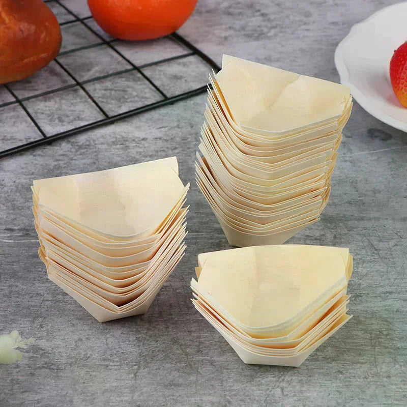 50Pcs Wood Boats Plates Sushi Salad Dessert Bowl Wood Serving Bowl Disposable Sushi Serving Trays Sushi Boat Plates