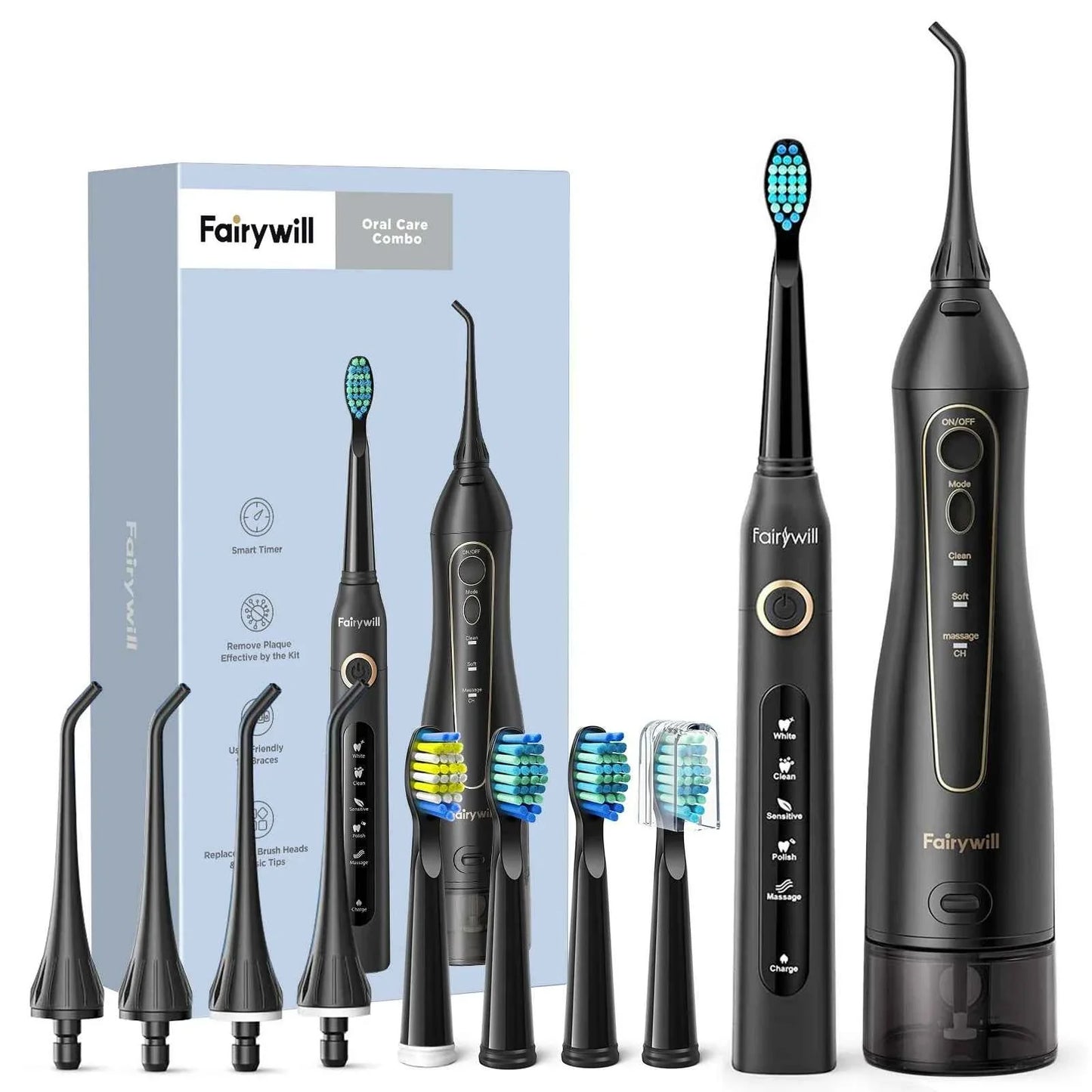 Fairywill FW5020E Water Dental Flosser & Sonic Electric Toothbrush Set - IPX7 Waterproof Portable Oral Care Kit