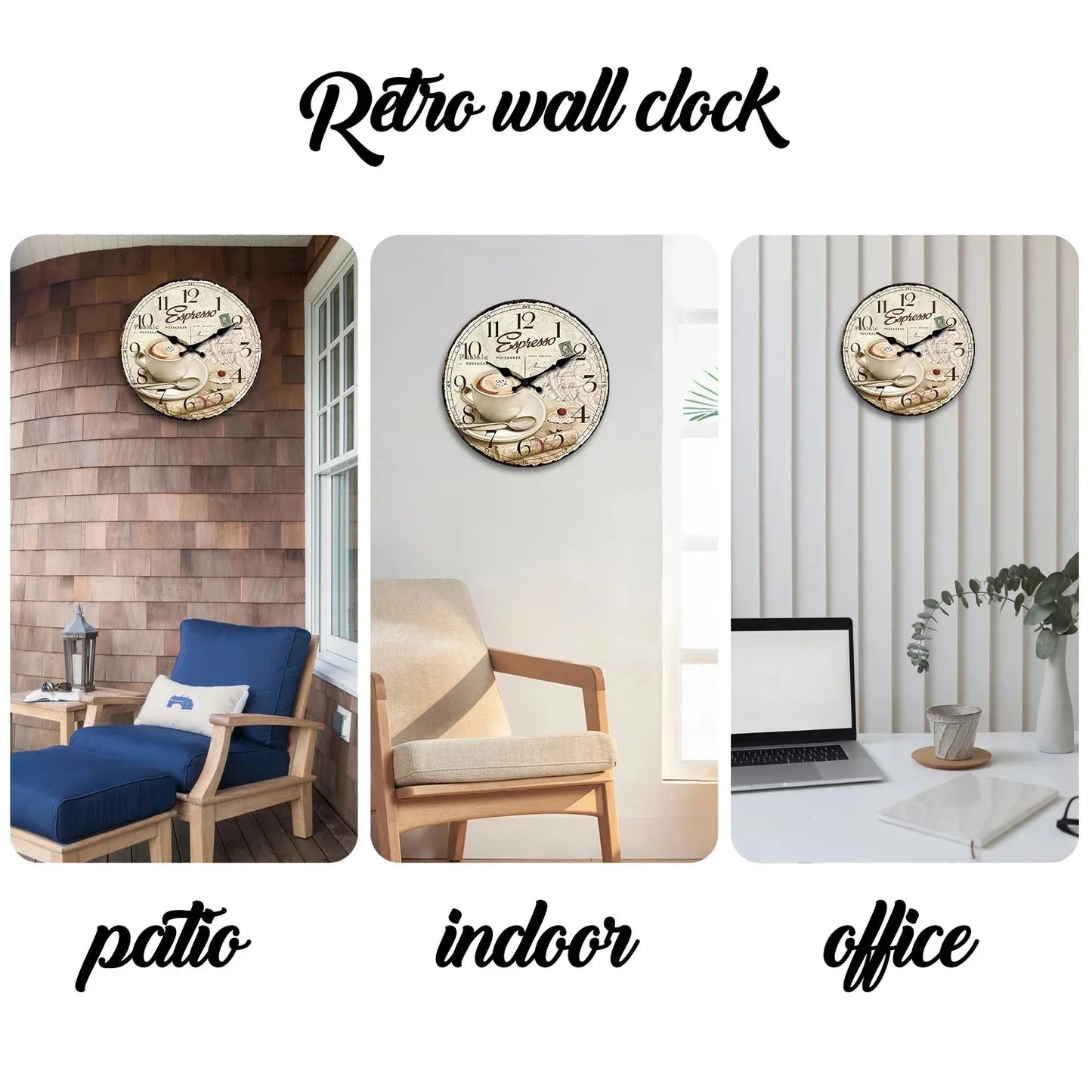 European Retro Coffee Cup Pattern Wooden Wall Clock for Living Room, Bedroom, Kitchen, Home Decoration, Silent Quartz Clock, Holiday Gift, 10 Inches, 12 Inches (No Battery)
