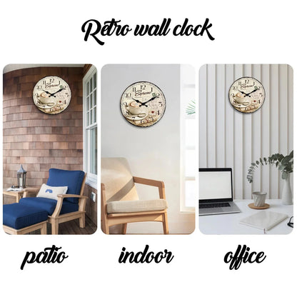 European Retro Coffee Cup Pattern Wooden Wall Clock for Living Room, Bedroom, Kitchen, Home Decoration, Silent Quartz Clock, Holiday Gift, 10 Inches, 12 Inches (No Battery)