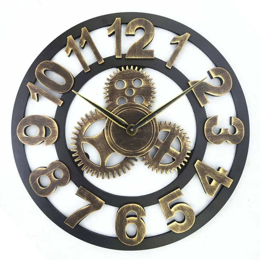 Vintage Style Industrial Wall Clock with Roman Numerals Visible 3D Gears 11"-17" Gold or Silver