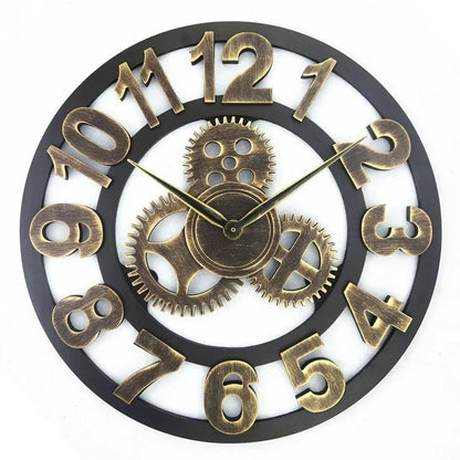 Vintage Style Industrial Wall Clock with Roman Numerals Visible 3D Gears 11"-17" Gold or Silver