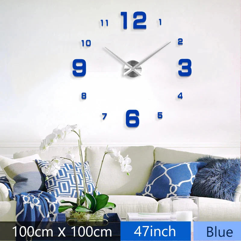 Fashion 3D Mediterranean style big size blue wall clock mirror sticker DIY brief living room decor meetting room wall clock