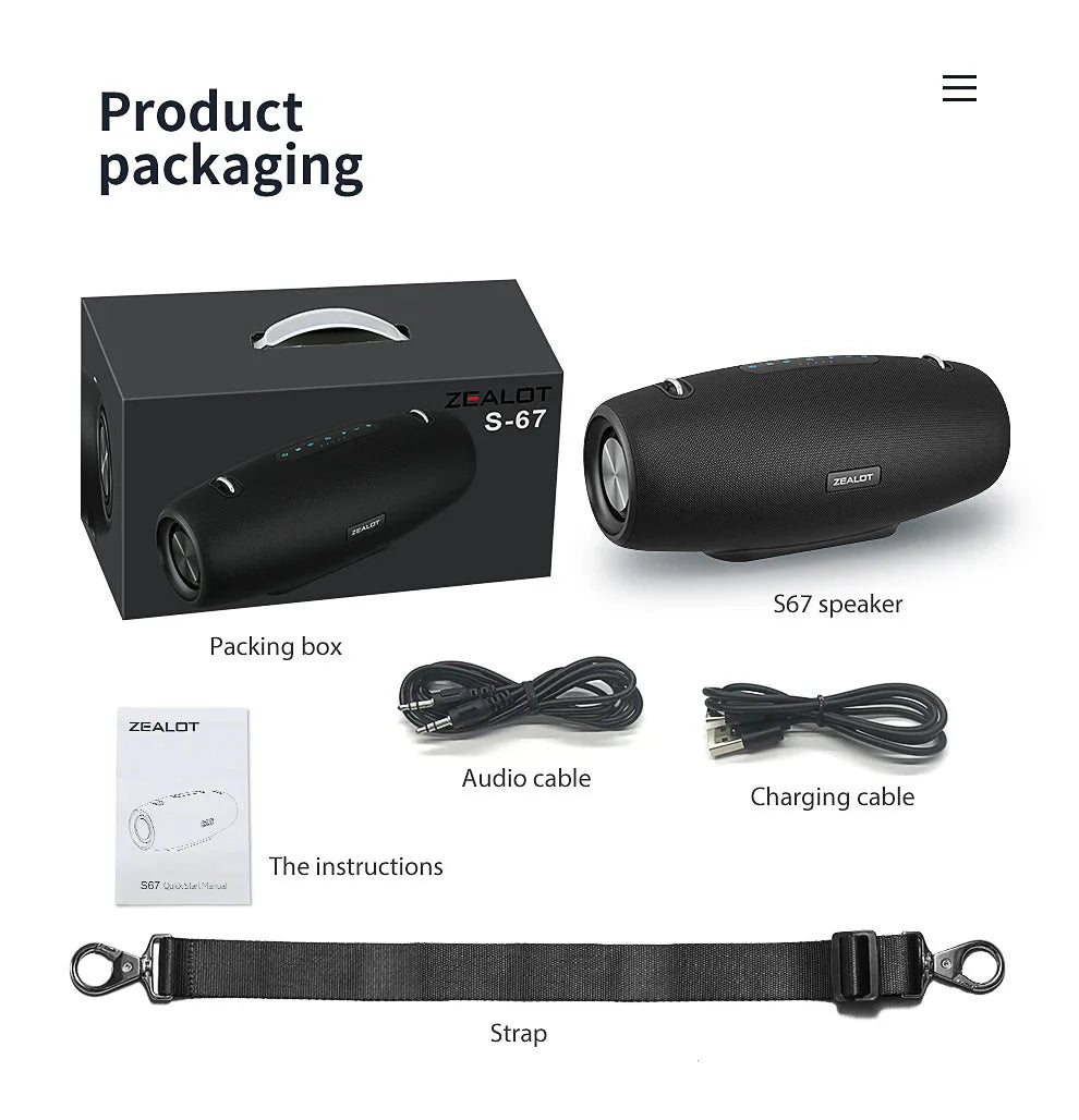 Zealot S67 Wireless Speaker WithShoulder Strap,Outdoor,Waterproof,Portable Speaker with Loud Stero and Booming Bass,40H Playtime
