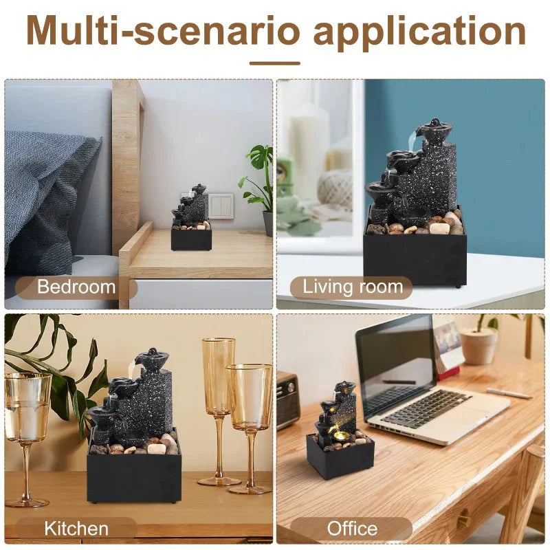 Desktop Art Waterfall Fountain with LED Light, Small Indoor Zen Ornament for Home Living Room Bedroom Office Decor