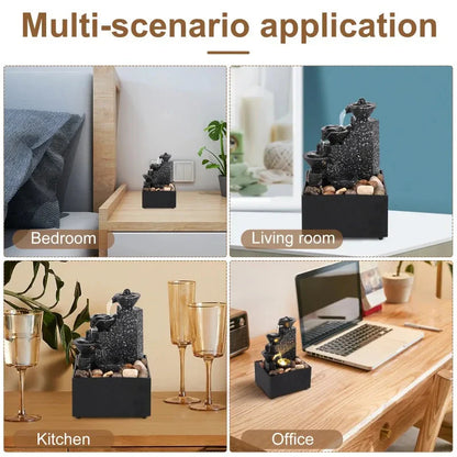 Desktop Art Waterfall Fountain with LED Light, Small Indoor Zen Ornament for Home Living Room Bedroom Office Decor