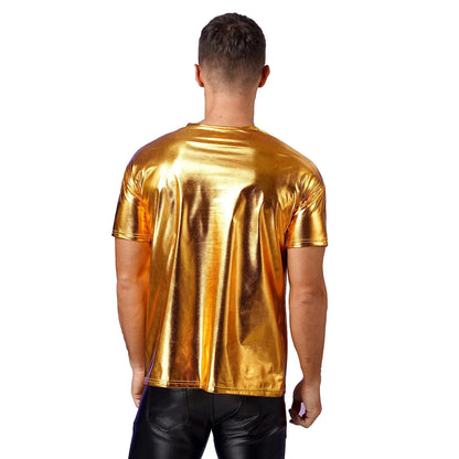 Mens Dance Shirts Tops Party Performance 80s Clothes Metallic Shiny Short Sleeve Round Neck T-shirt for Club Show Role Play