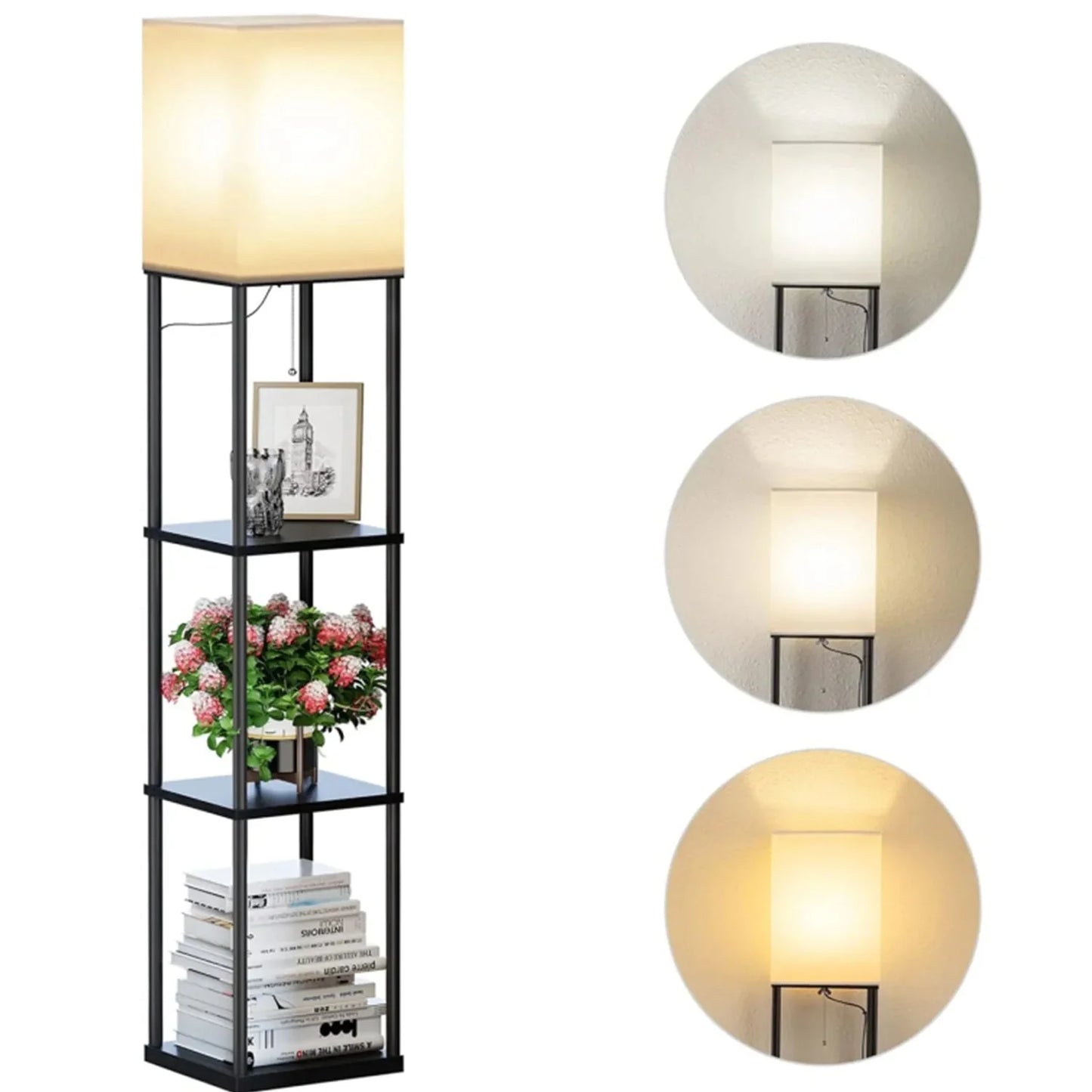 Modern Shelf Floor Lamp with Shade and LED Bulb Corner Display Lamps Shelves for Living Room Bedroom Office Black