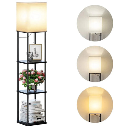 Modern Shelf Floor Lamp with Shade and LED Bulb Corner Display Lamps Shelves for Living Room Bedroom Office Black