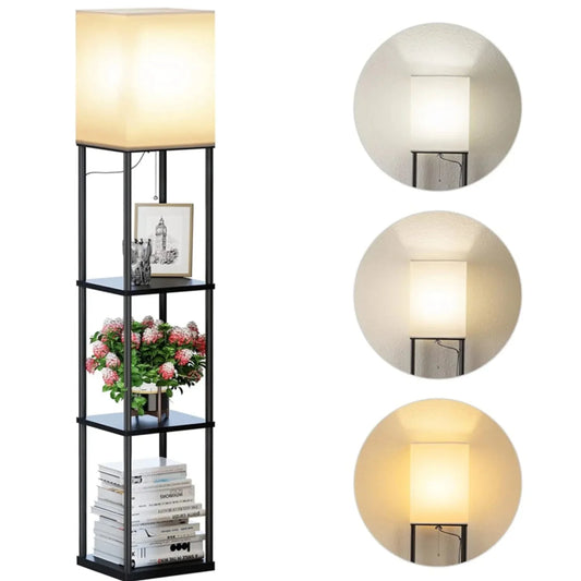 Modern Shelf Floor Lamp with Shade and LED Bulb Corner Display Lamps Shelves for Living Room Bedroom Office Black
