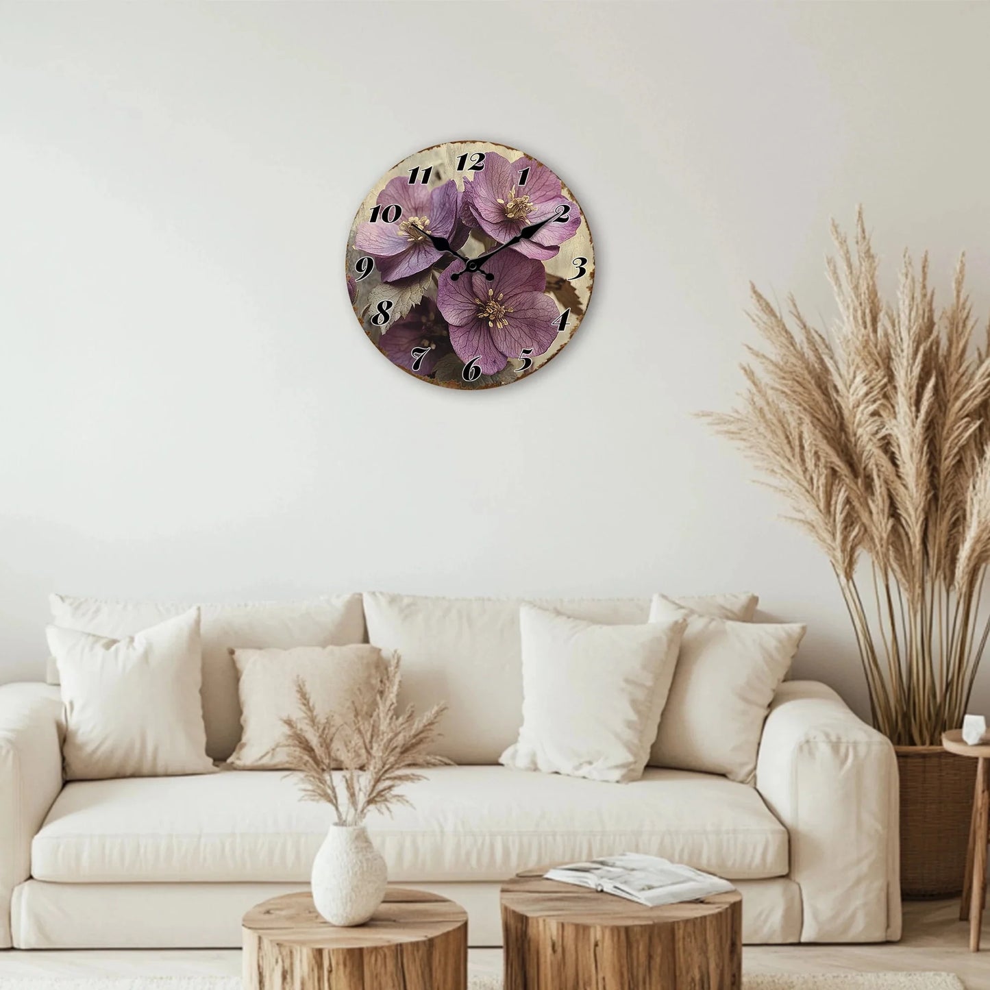 Purple Flower Blossom Floral Art Design Rustic Charm Decorative Clock 10"-16"