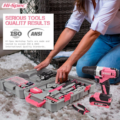 Hi-Spec 92-Piece Pink Home Tool Box Set, Multi-Function Hand Repair Kit with Hammer Cordless Power Drill Combo for Household DIY