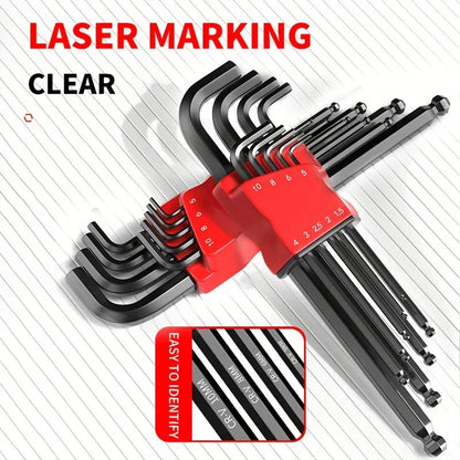 Professional 10-Piece Hex Key Set - Metric & SAE - CR-V Steel Allen Wrenches with Ball End
