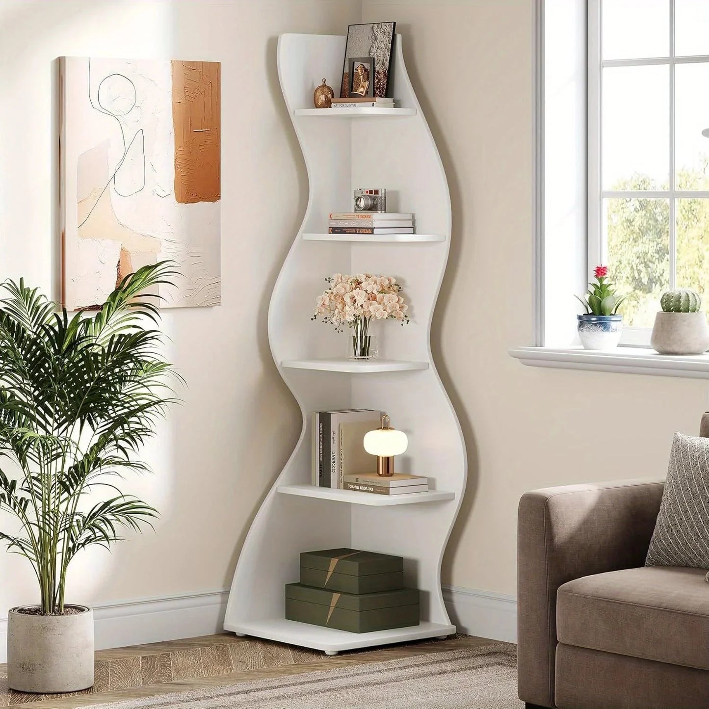 5-Tier Wave Bookshelf  Modern curved corner shelf with metal frame and wooden shelves, white finish, sturdy floor design bedroom