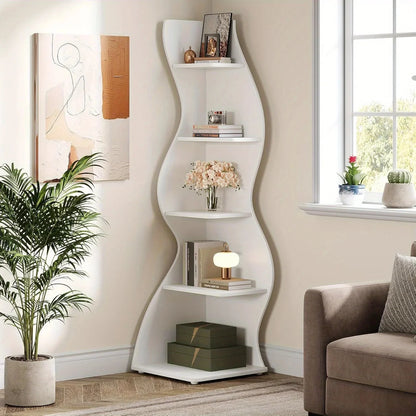 5-Tier Wave Bookshelf  Modern curved corner shelf with metal frame and wooden shelves, white finish, sturdy floor design bedroom