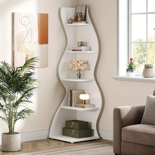 5-Tier Wave Bookshelf  Modern curved corner shelf with metal frame and wooden shelves, white finish, sturdy floor design bedroom
