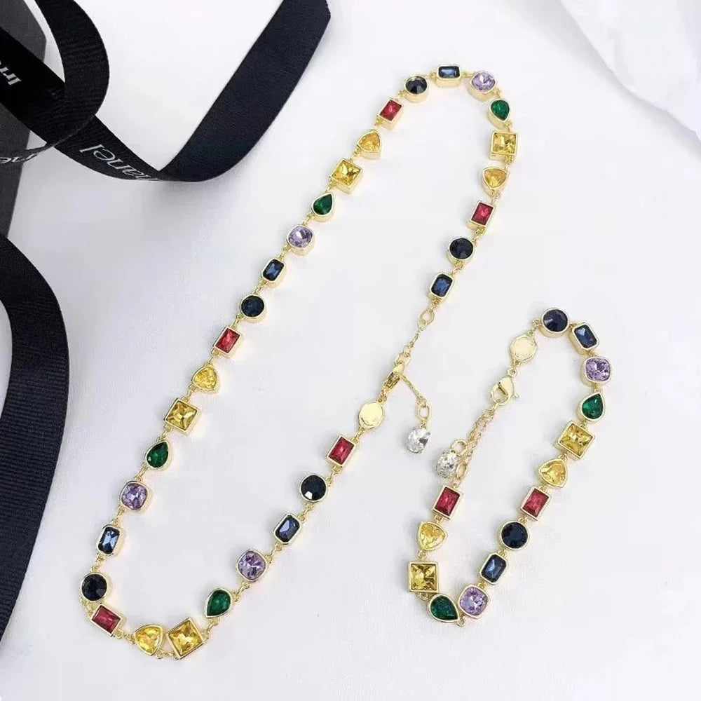 Luxury Fashion Women's Jewelry Colored Gems Set Sterling Silver Necklace Bracelet Plated With 18K Rose Gold Banquet Party