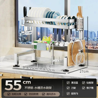 Stainless Steel Sink Shelf Bowl Drain Rack Kitchen Storage Rack Multifunctional Dish Cutlery Knife Spoon Sink Rack Set Organizer