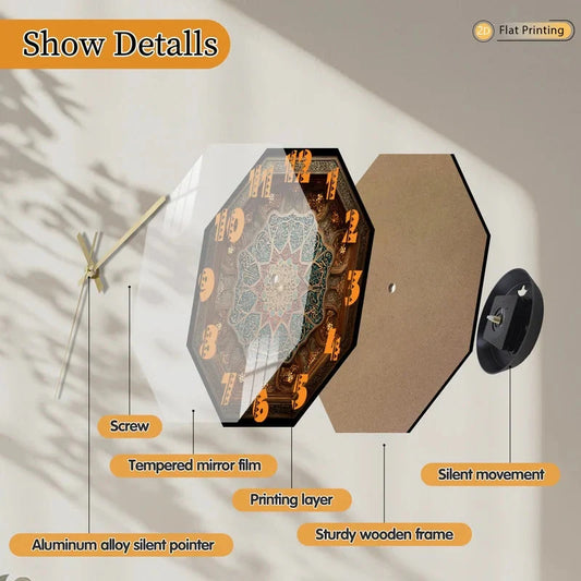 2D-Flat Distinctive Islamic Calligraphy Octagon Intricate Geometric Wall Clock for Office Kitchen Halloween Mother's Day Gifts