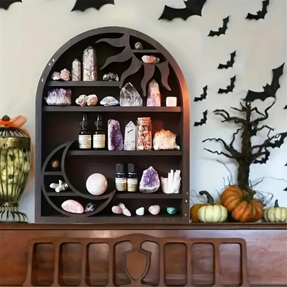 Wood Storage Shelf - Stylish and Practical Wall Shelf, Crescent Sun and Moon Crystal Shelf