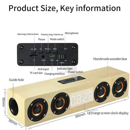 Wooden Soundbar Wireless Bluetooth Speaker Portable Retro Soundbox Subwoofer for TV Computer with FM Radio TF Card USB Boom Box