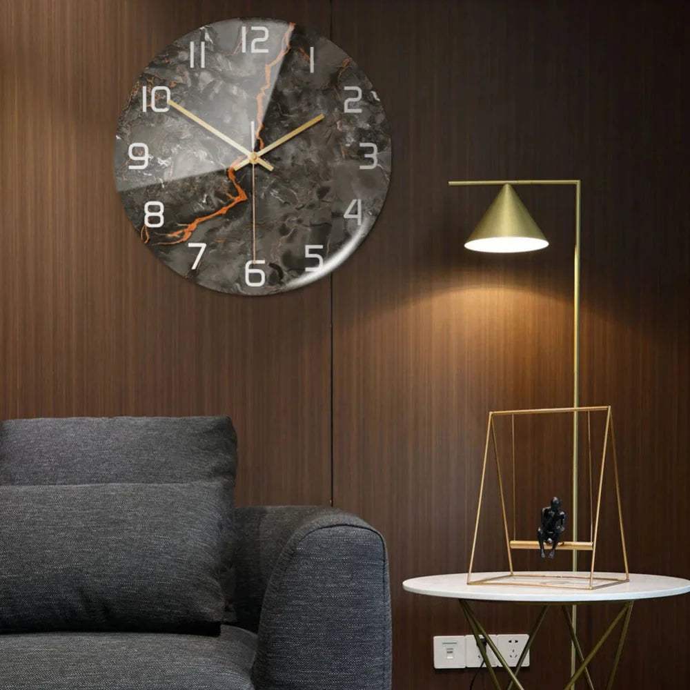 Black Gold Marble Metal Needle Modern Acrylic Round Clock 12"