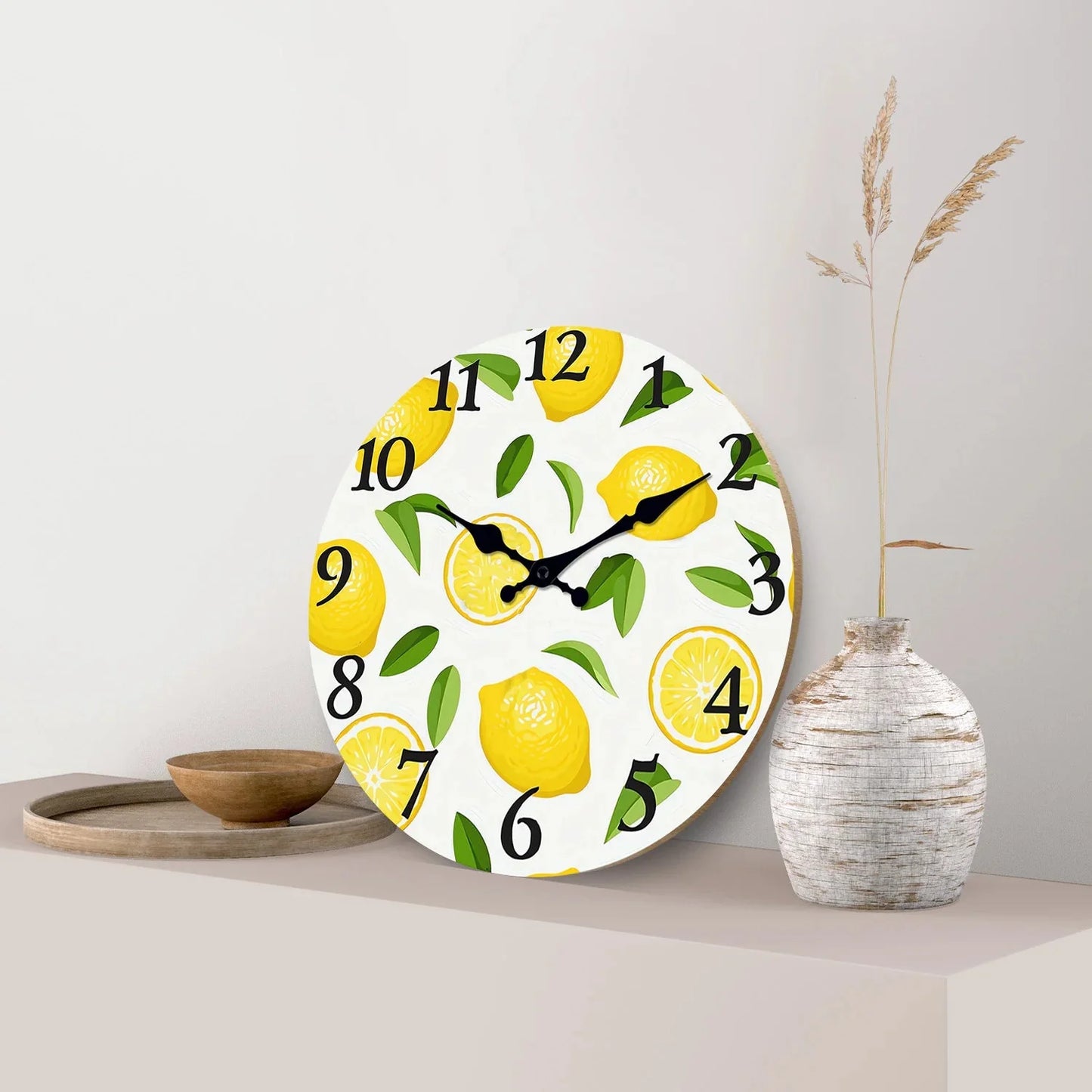 1pc wooden wall clock, yellow lemon and green leaf design wall clock, family mute clock, living room bedroom study decoration