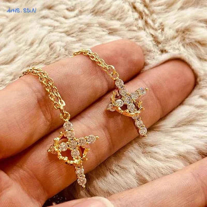 SUNSLL Cubic Zircon Rotatable Crown Cross Pendant Necklaces Classic Stainless Steel Chain Banquet Party Jewelry For Women Men
