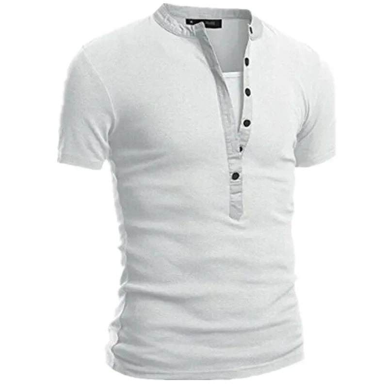 2026 Men's Summer Casual Shirts Solid V-neck Button Slim Fit T-Shirts for Men Fashion Short Sleeve Tees Tops Men Clothing S-3XL