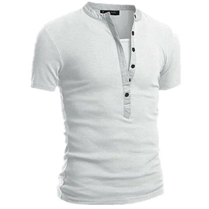 2026 Men's Summer Casual Shirts Solid V-neck Button Slim Fit T-Shirts for Men Fashion Short Sleeve Tees Tops Men Clothing S-3XL