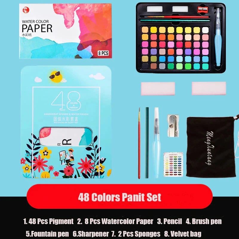 Watercolor Painting  48 Colors Solid Water Color Paint With Brush&Paper Drawing Set Art Supplies for Artists Beginner