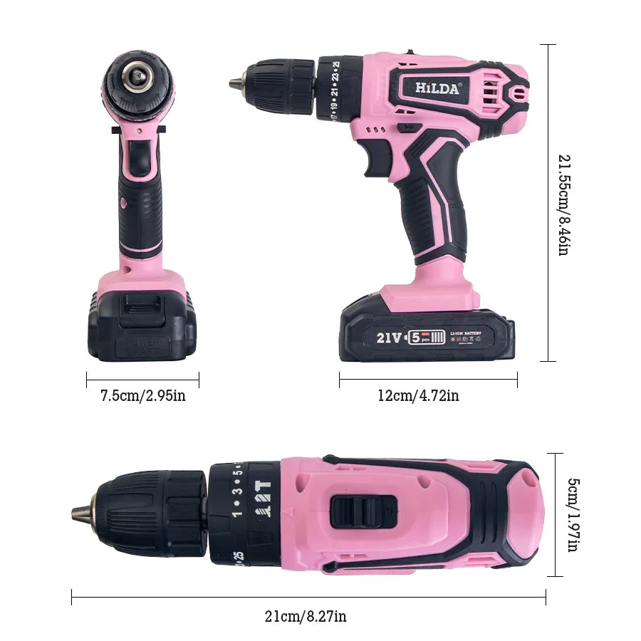 HILDA 21V Pink Drill Electric Drill Electric Screwdriver  Cordless Drill Mini Wireless Power Tools Lithium-Ion Battery
