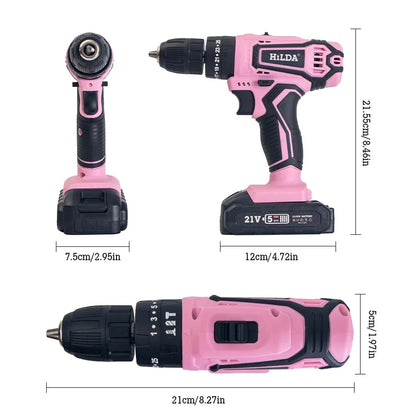 HILDA 21V Pink Drill Electric Drill Electric Screwdriver  Cordless Drill Mini Wireless Power Tools Lithium-Ion Battery