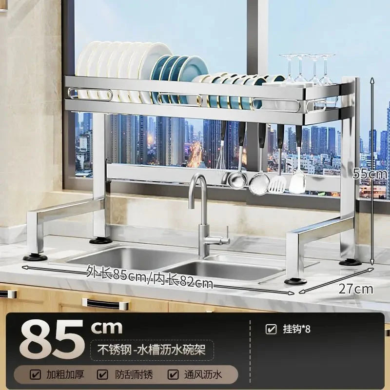 Stainless Steel Sink Shelf Bowl Drain Rack Kitchen Storage Rack Multifunctional Dish Cutlery Knife Spoon Sink Rack Set Organizer
