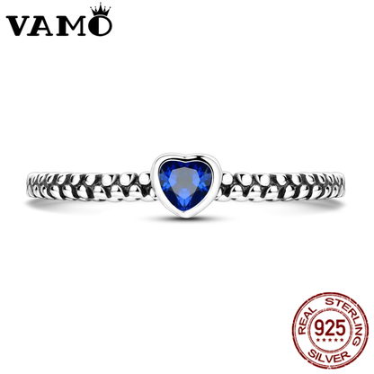 VAMO Original 925 Sterling Silver Woman Ring Vintage Dew Pearl Blue Heart Rings Sparkling Wedding Ring Girls Jewelry Anniversary