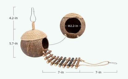 Coconut Birdhouse Hut With Ladder Hemp Rope Roof Natural Material Firm Stable Small Animal Cage Habitat Decoration Pet Supplies