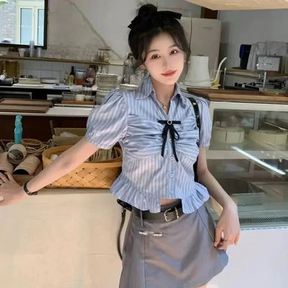 Bow-rinked Striped Shirt for Women Summer French Sweet and Spicy Puff Sleeve Shirt Short Short Sleeve Top